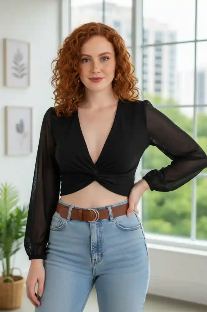 Blusa Elegante de Malla con Manga Abullonada y Escote en V